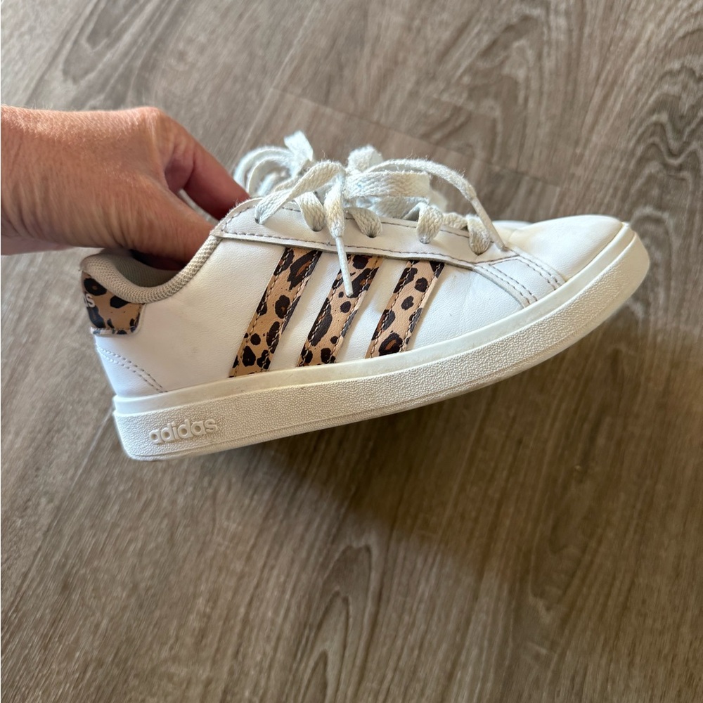 Girls  12 Adidas White Sneakers with Leopard Stripes